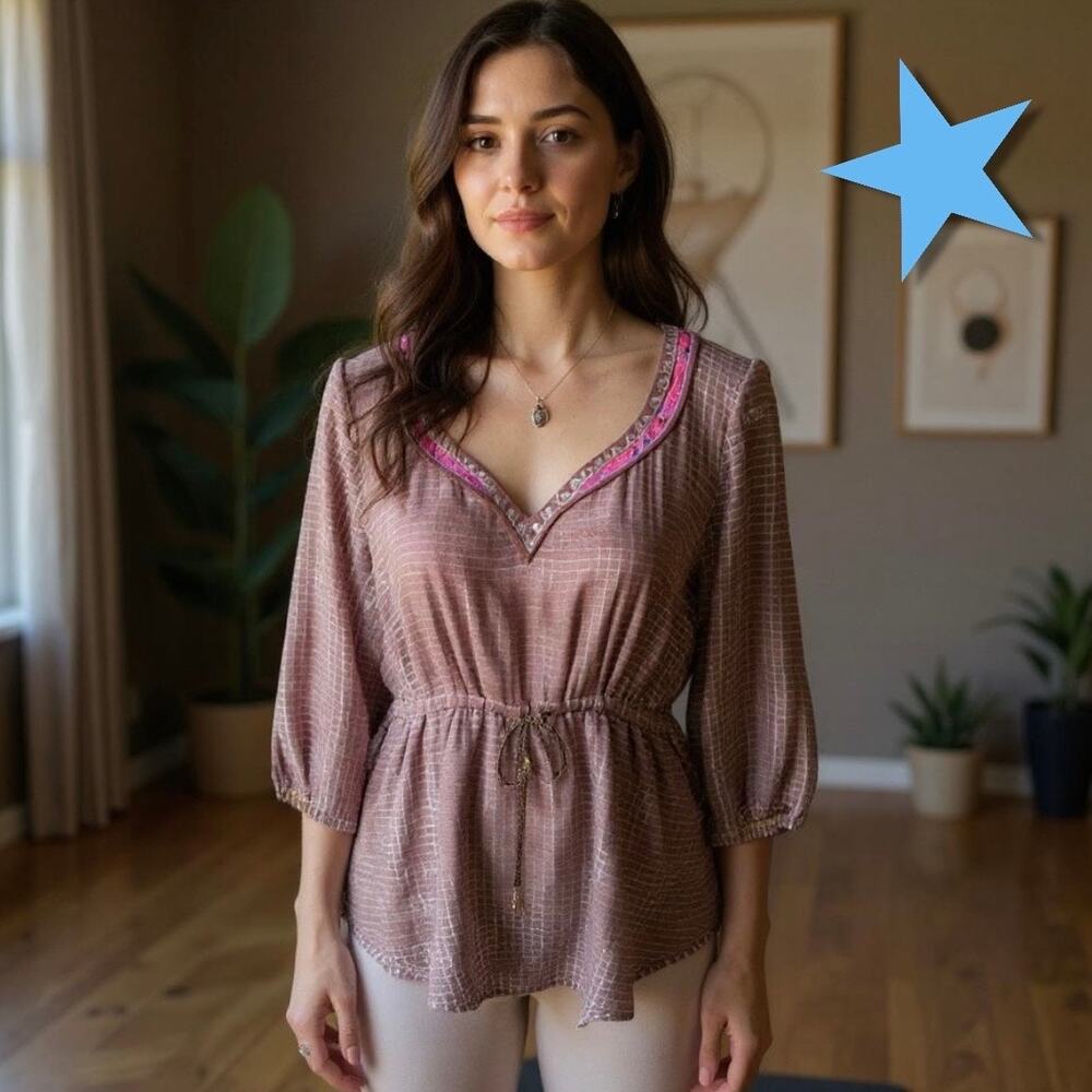 Free People Purple Silver Metallic Blouse Top M 6 8
